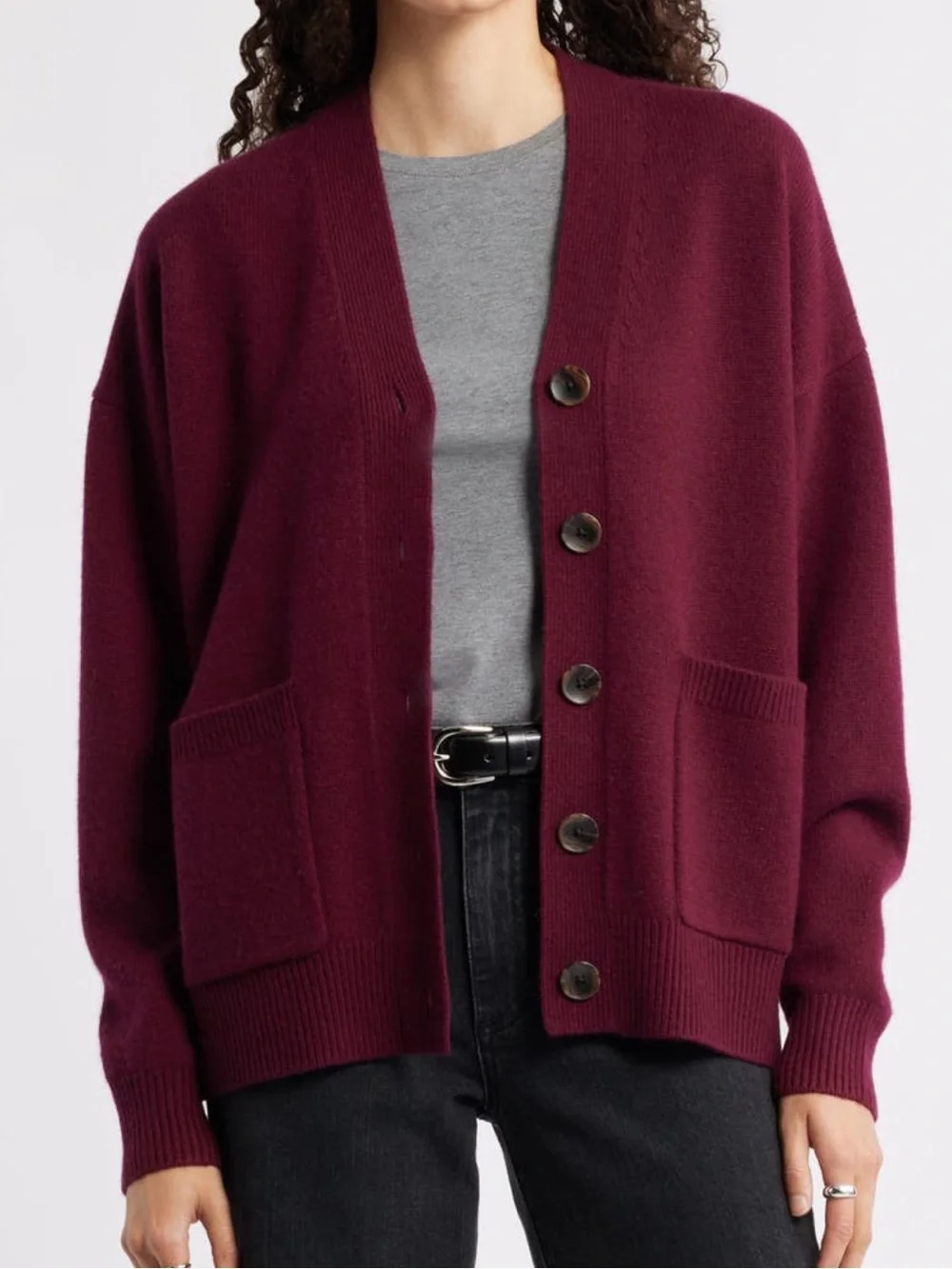 Nordstrom Wool & Cashmere Boyfriend V Neck Cardigan in Burgundy